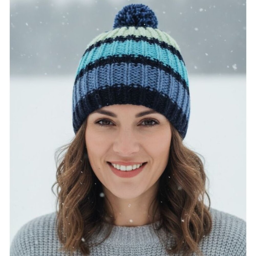 ⭐Oz Chunky Handmade Knit Hat Pom Pom Adult unisex Beanie hats stripped Blue Cozy